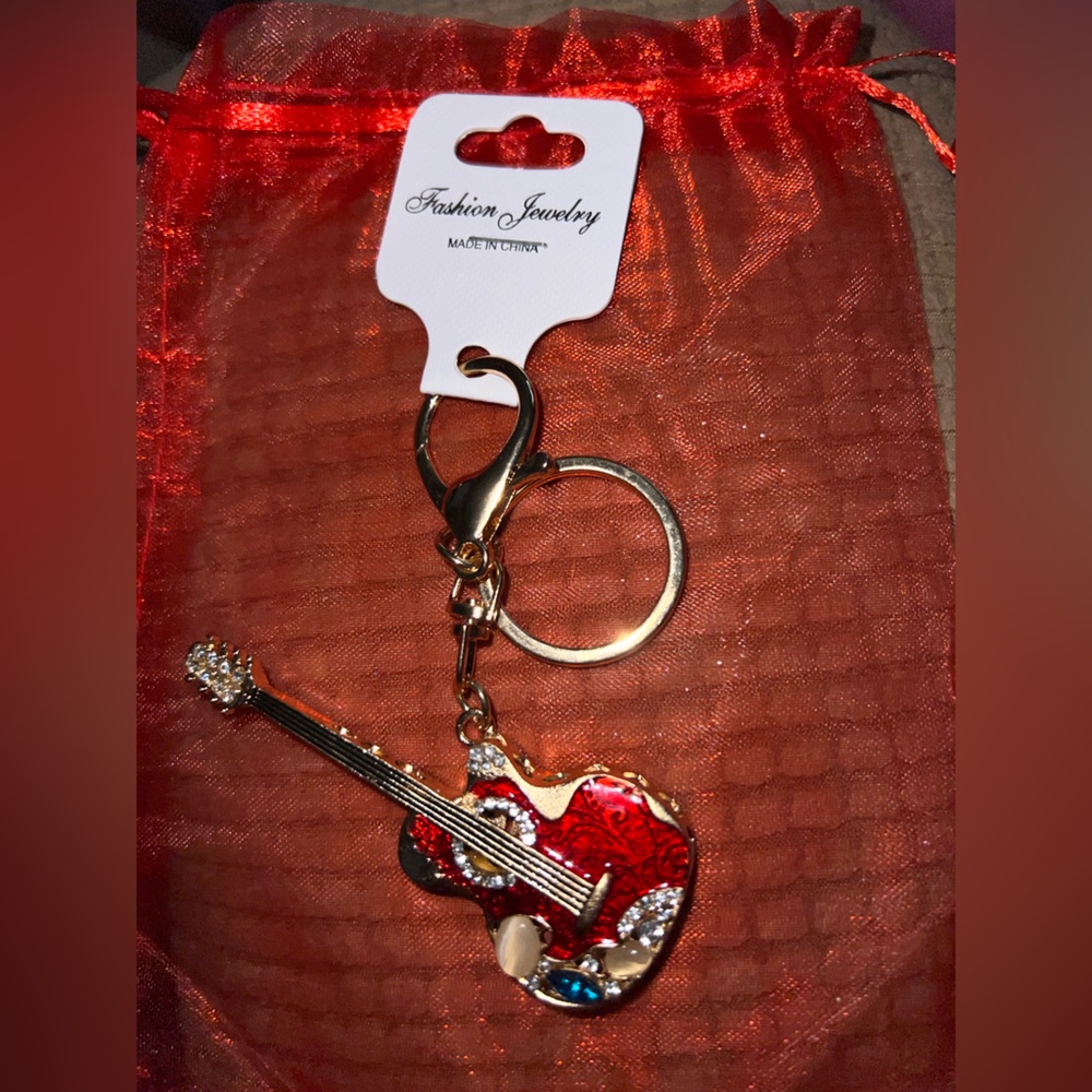 Red Guitar Keychain with Rhinestones